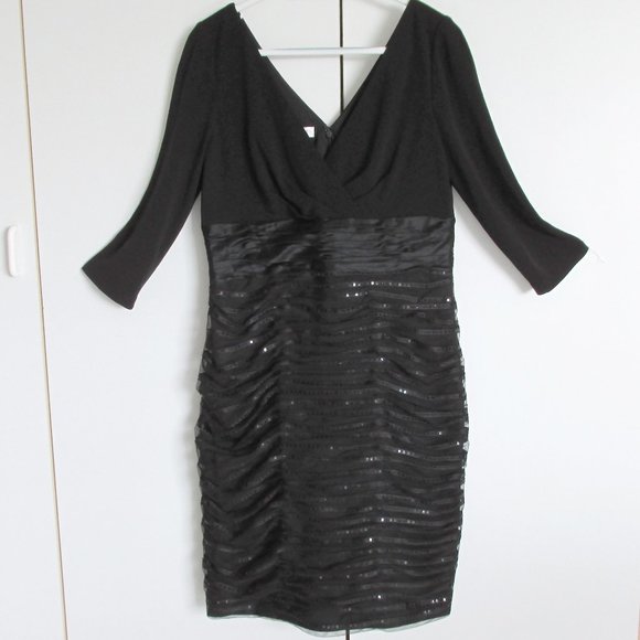 Kay Unger Black Sequin Tulle Skirt Rusched Silk Midriff 3/4 Sleeve Dress No Size - Picture 1 of 13